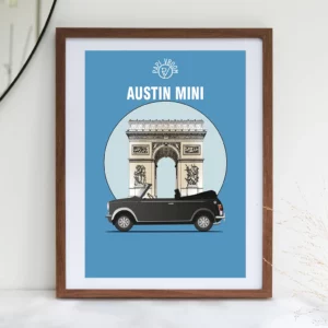 Affiche voiture ancienne Austin Mini arc de triomphe