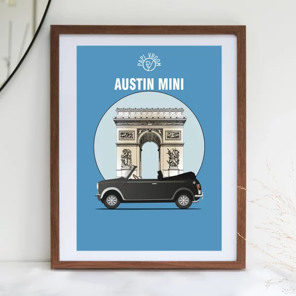 Affiche voiture ancienne Austin Mini arc de triomphe