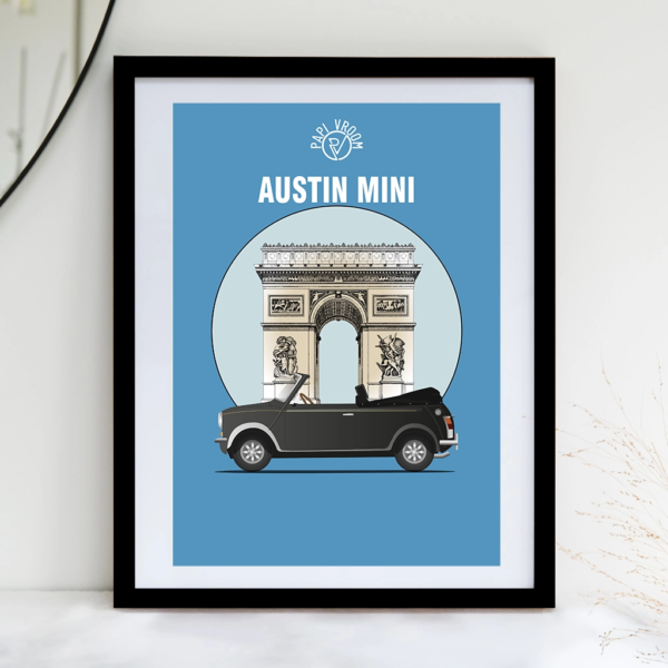 Affiche voiture ancienne Austin Mini arc de triomphe